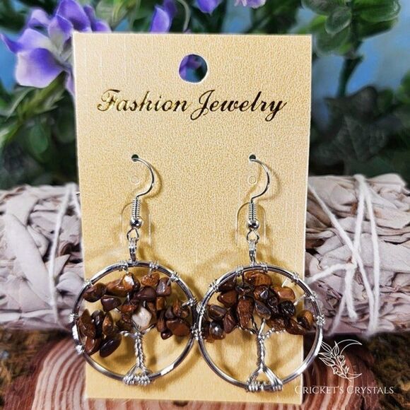 Tiger's Eye Tree of Life Earrings #8 - Picture 1 of 2